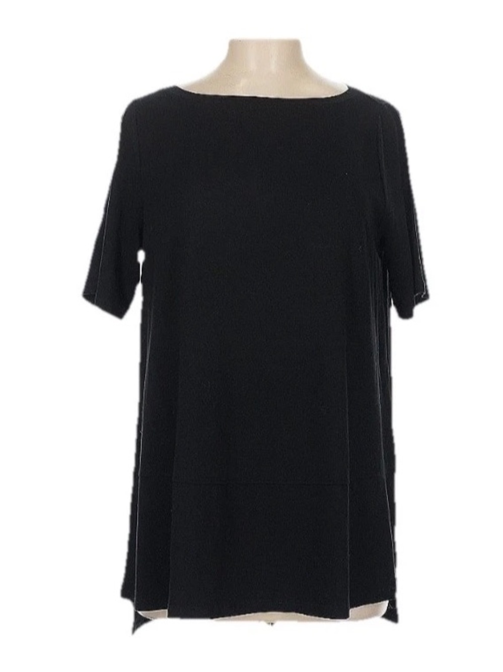 Eileen Fisher M Black Boat Neck Tunic Top Above Elbow Sleeve Straight Hem Basics
